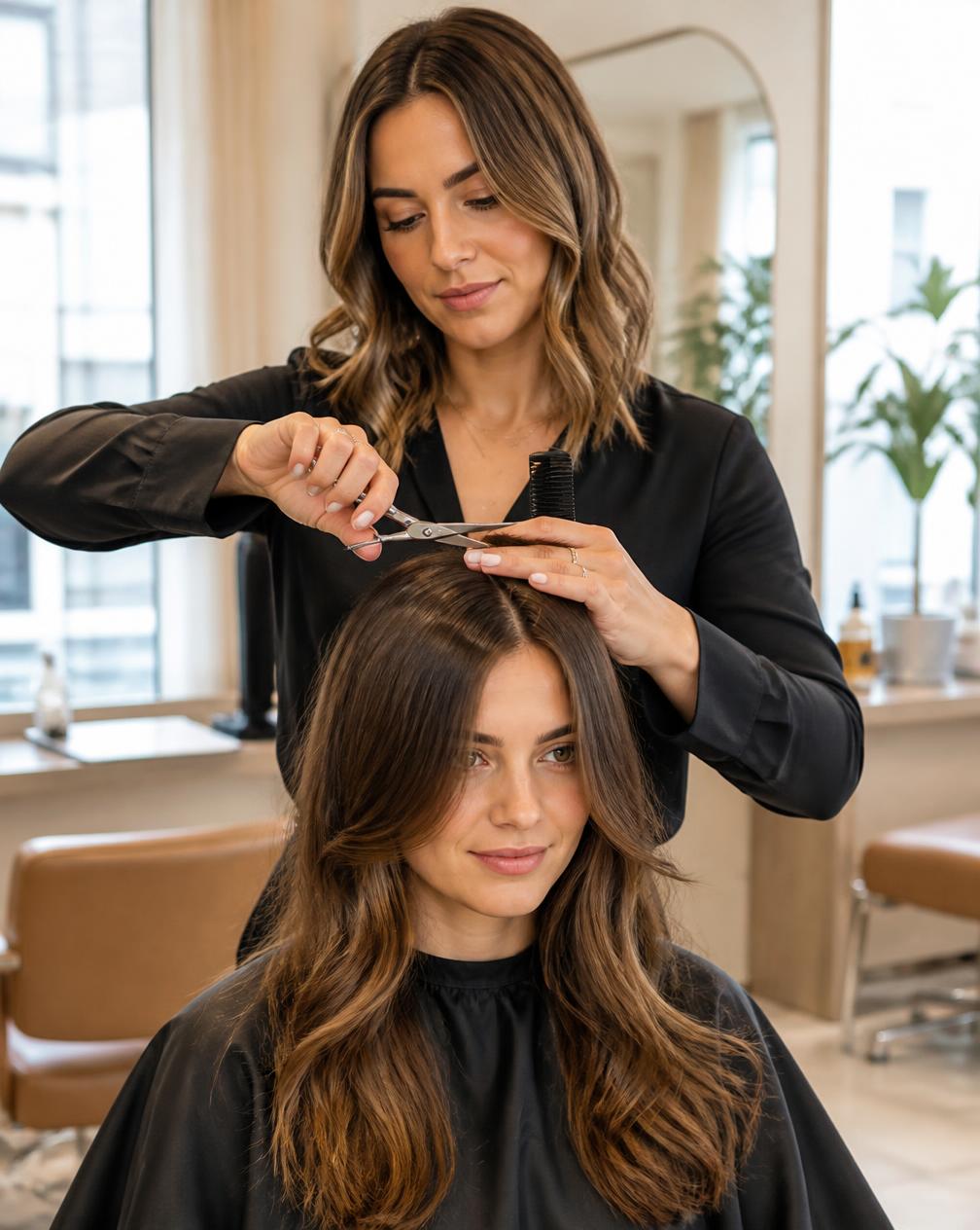 Stylistin schneidet einer Kundin die Haare