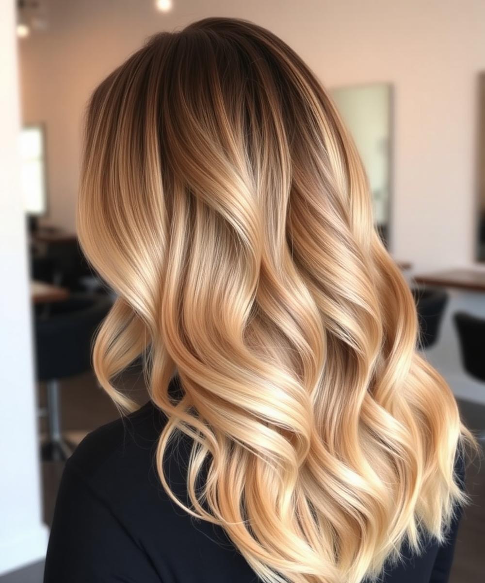 Balayage-Farbverlauf in blondem, gewelltem Haar