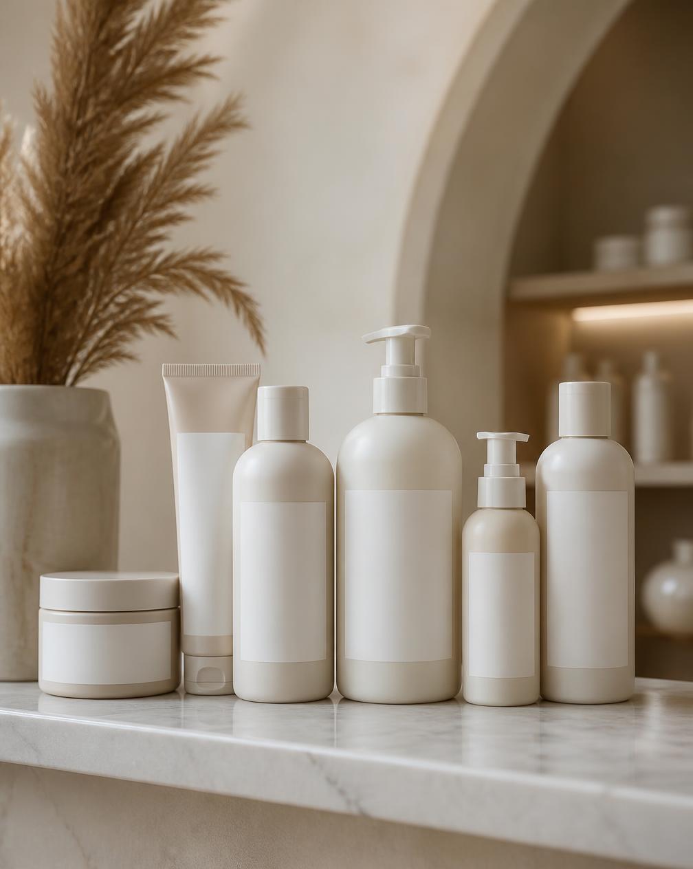 Neutrale Pflegeprodukte auf der Marmorablage des Salons