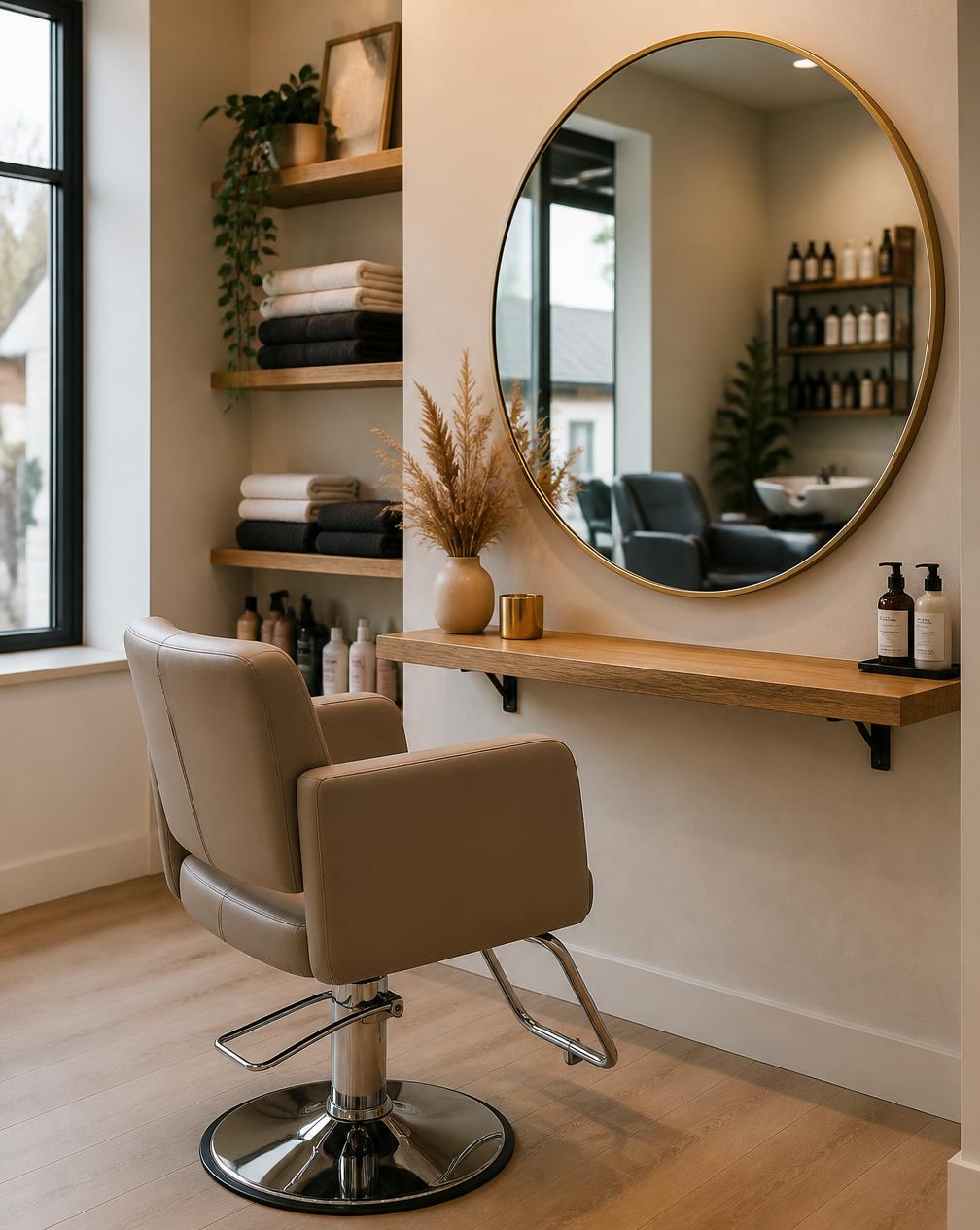 Stylingplatz mit rundem Spiegel und Holzablage im Salon