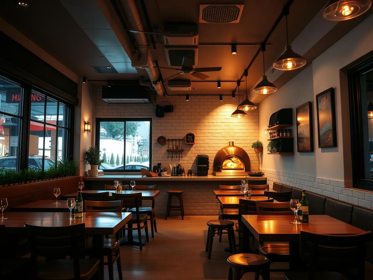 Gastraum der Pizzeria Da Vito mit Holzofen am Abend