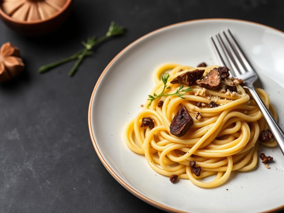 Tagliatelle mit Trüffel auf einem Teller